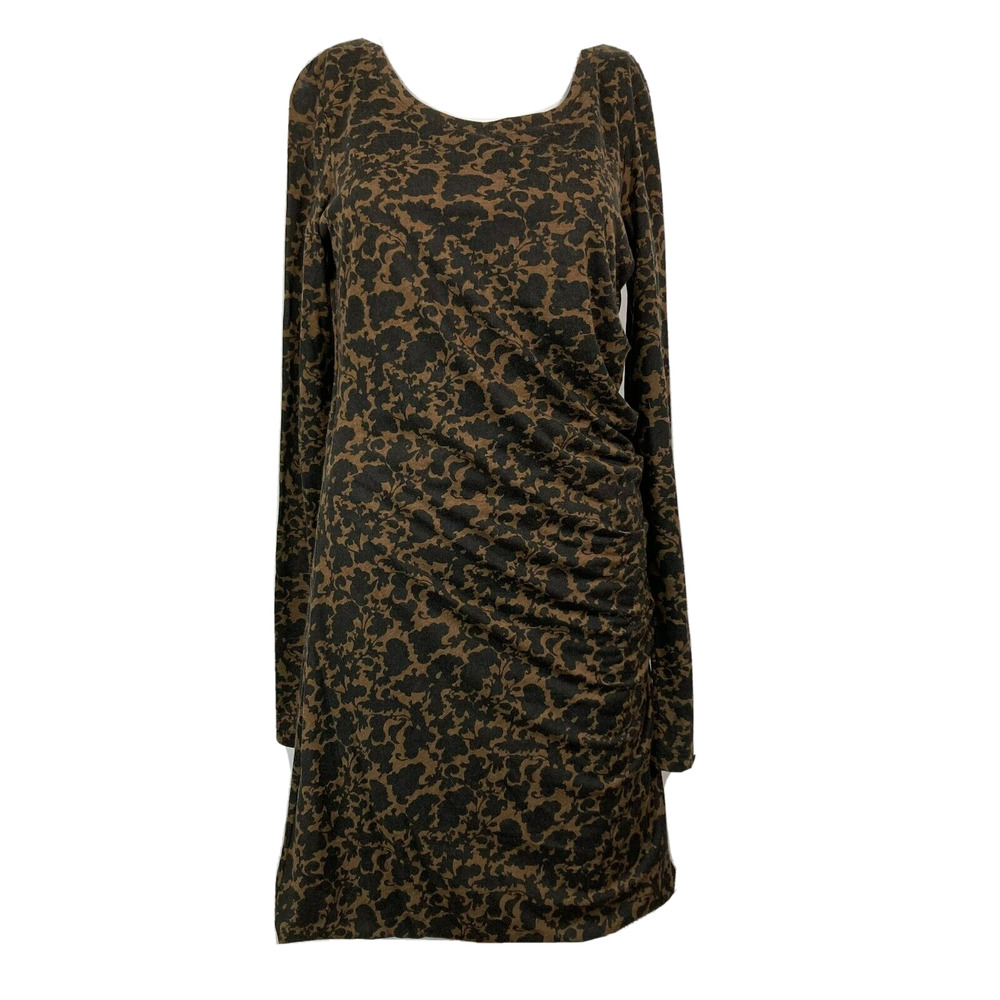 Peruvian Connection Dress Womens Sz S Brown Black Floral Shift Ruched Side